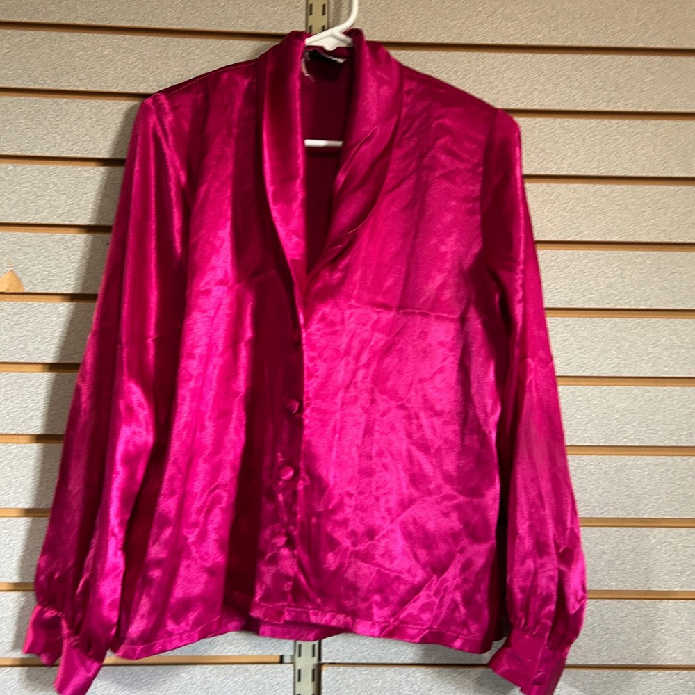 New Editions Pink Satin Blouse Tie Neck Button Up Long Sleeve Womens Size 8 VTG